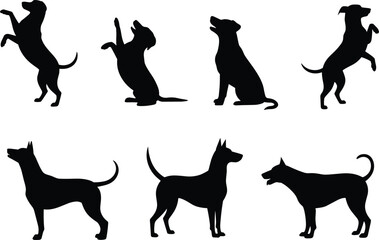 Dog silhouettes in sitting and standing poses, playful dog shapes, pet outline vector, black dog icons, canine silhouette design, animal artwork