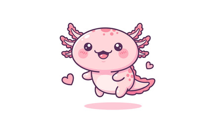 Happy pastel axolotl with chubby cheeks floating in water with small hearts