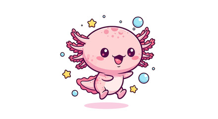 Kawaii pink axolotl character with enthusiastic expression and bubbly gills floating