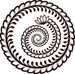 Intricate spiral floral mandala with lotus and leafy elements in black and white line art