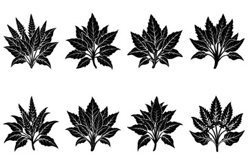 Illustration of eight black leaf clusters with varying shapes and arrangements on a white background
