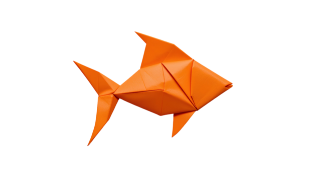 Orange Origami Fish – Geometric Paper Fold Art with Precise Creases Isolated on Transparent Background