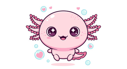 Ultra round chibi axolotl with flower petal gills and giant sparkling eyes in kawaii style