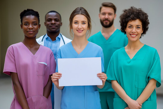 Diverse group of healthcare professionals smiling and holding a sign
