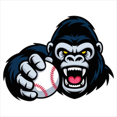 Vector hand drawn angry gorilla mascot holding baseball ball. Animal head logo isolated on transparent background ideal for sports team branding and illustrations.