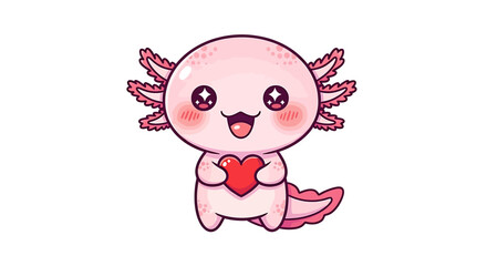 Cute chibi axolotl sticker in pastel colors with happy expression and red heart