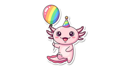 Playful pastel pink kawaii axolotl sticker wearing tiny party hat holding balloon