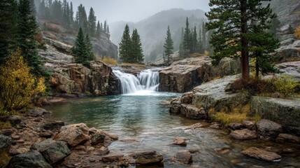 Snowy Waterfall in Mountain Forest Landscape