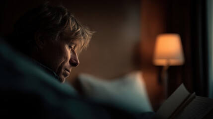 middleaged man sits under soft lamp light deeply engrossed in reading book