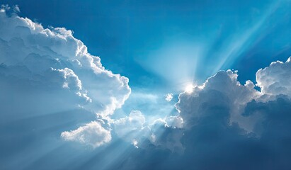 Sunbeams piercing through cumulus clouds