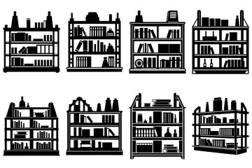 Obraz premium Collection of eight black and white silhouette style bookshelves filled with various books and decorative items