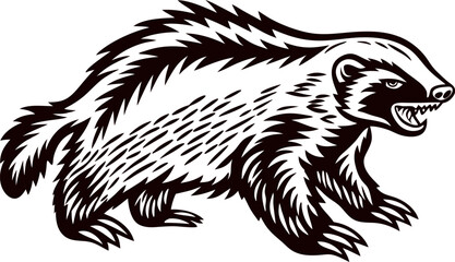 Fierce badger walking with bared teeth and spiky fur, vintage engraved black and white animal illustration