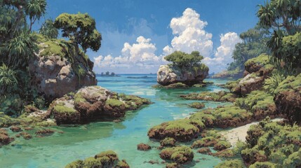 Vibrant Tropical Beach Scene with Lush Green Rocks and Clear Teal Water