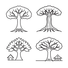line art banyan tree set bundle on the white background