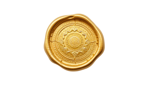 Golden Wax Seal – Glossy Circular Stamp with Intricate Flowing Edges and Reflective Surface Isolated on Transparent Background