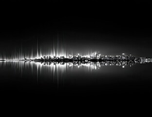 City skyline at night with sound wave effect