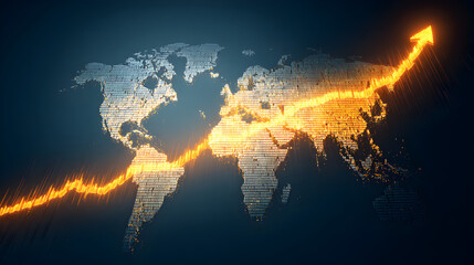 World map with binary code and an upward trending arrow indicating global growth and progress