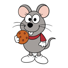 A cute mouse clutches a big cookie with tiny paws, eyes wide with delight. Its whiskers twitch in joy as it nibbles the treat, looking both sneaky and satisfied.

