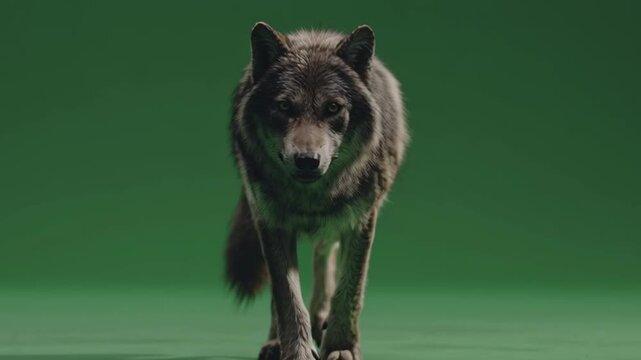 A gray wolf walking forward in front of a green screen looking directly at the camera lens shot green screen animal video