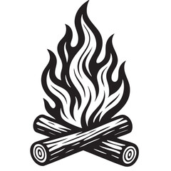 Black and White Campfire Illustration with Logs and Flames for Camping or Outdoor Themes stark