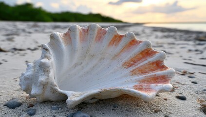 Seashell on a sandy beach at sunset