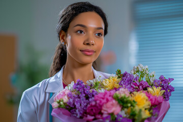 Young black woman doctor holding colorful flower bouquet indoors  