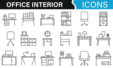 Modern Office Furniture and Workspace Icons for Digital Use