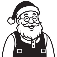 Black and White Cartoon of Santa Claus Wearing Overalls and a Hat with Glasses cheerful
