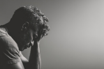 man expresses profound fatigue as he cradles his head in his hands against clean minimalistic background