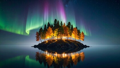 Island with auroras reflect