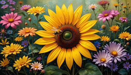 Sunflower with a bumblebee on flower field. Summer background. 