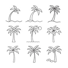 line art coconut tree set on the white background