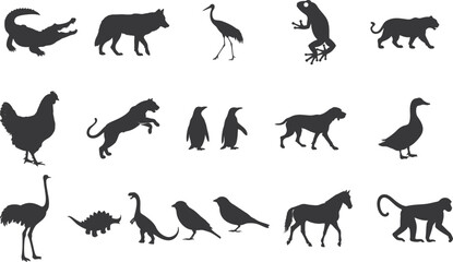 15+ Different animal silhouette set collection. Animal vector black and white editable eps file. Alligator, Amphibian, Chicken, Dinosaur, Dog, graphic, Duck, Horse, Monkey, Old Word