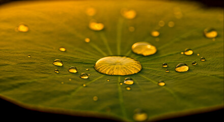 Raindrops on a green leaf at sunset reflecting warm light and nature's beauty