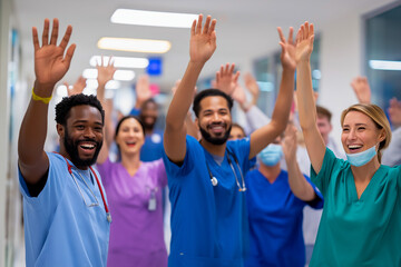 Diverse medical team celebrating success with raised hands in hospital  