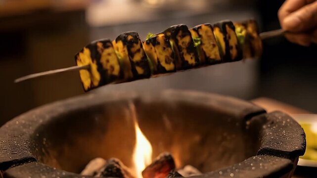 Paneer tikka skewers above grill for authentic indian wedding food video