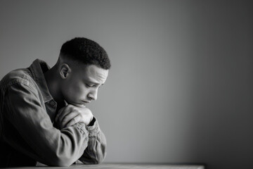 young man with his forehead resting on his palms displaying deep sense of contemplation