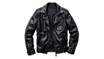 Black Leather Jacket Medium Shot – Open Front with Zippers, Pockets, Buckles, and Glossy Finish Isolated on Transparent Background