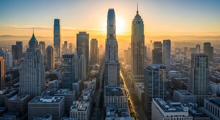 Fototapeta premium Aerial view of a modern city skyline during a beautiful sunrise, bathed in golden light.