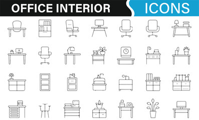 Icon Collection for Office Interior Design, Including Furniture and Workspaces