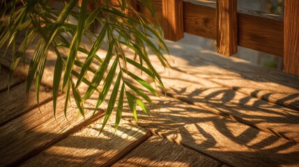 Green Palm Fronds Casting Shadows on Wooden Deck