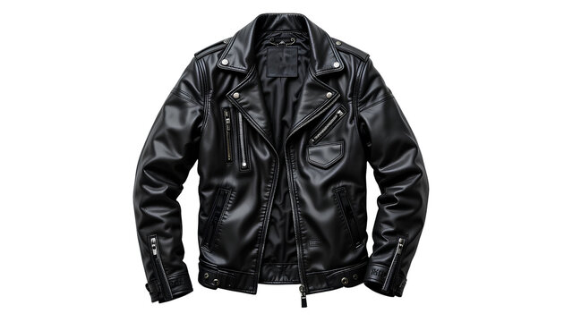 Black Leather Jacket Medium Shot – Open Front with Zippers, Pockets, Buckles, and Glossy Finish Isolated on Transparent Background