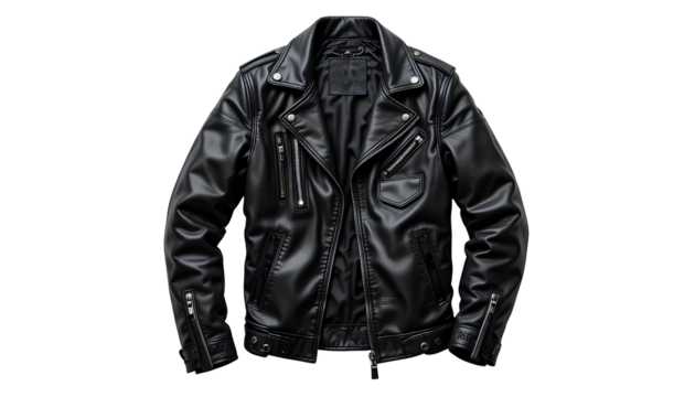 Black Leather Jacket Medium Shot – Open Front with Zippers, Pockets, Buckles, and Glossy Finish Isolated on Transparent Background