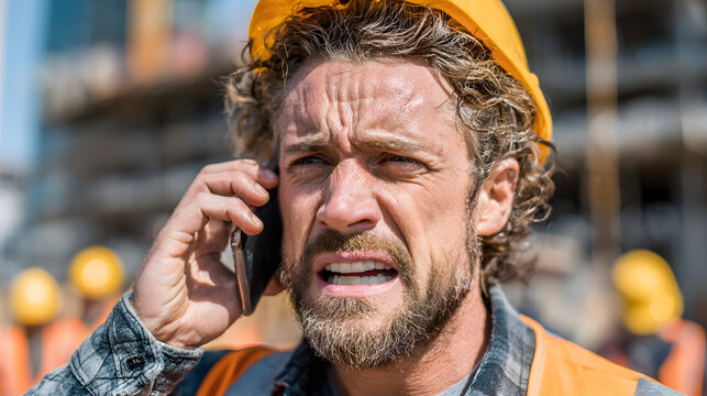 Annoyed Caucasian man contractor holding mobile phone speaking remote call conflict in construction builder foreman arguing furious guy technician building industry working problem upset male argument