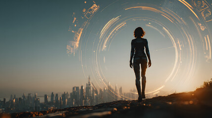 business woman stands on the peak of success amid tall, innovative Smart city and graphs with statistics to analyze business potential and predict future developments in company growth., innovative