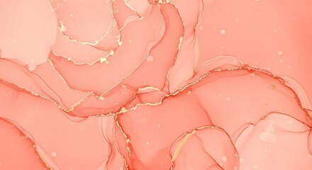 Fototapeta premium Luxurious abstract background with flowing coral pink alcohol ink and elegant golden glitter details.