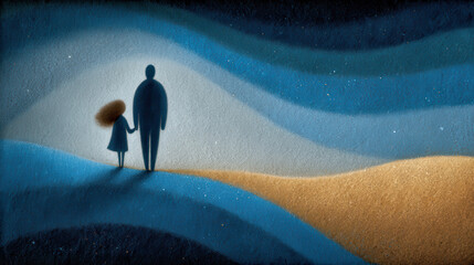 Father and daughter walk hand in hand as shadows reveal internalized fears and inherited pain in a surreal landscape