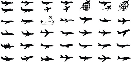 
Airplane icon set, flight silhouettes collection, aircraft vector symbols, travel and aviation icons, flying plane graphics, airplane shapes pack, air travel vector art, airplane silhouette designs, 
