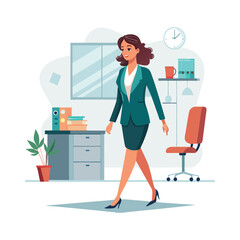Fototapeta premium Confident Female Boss Walking Through Modern Office Corridor | Professional Businesswoman in Stylish Attire | Empowered Corporate Woman Leadership Vector Illustration