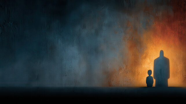 Father confronts son while overshadowed by paternal figure in dramatic family therapy metaphor